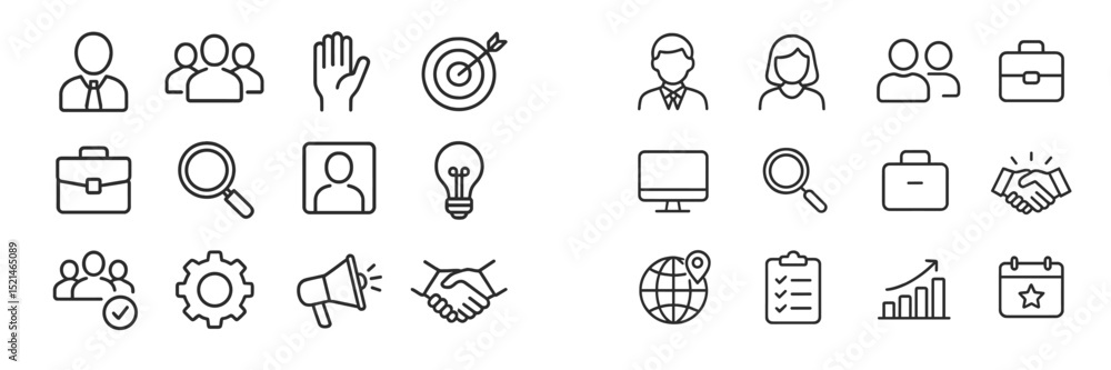 Aufkleber variety of icons representing business concepts and activities in a minimalist style