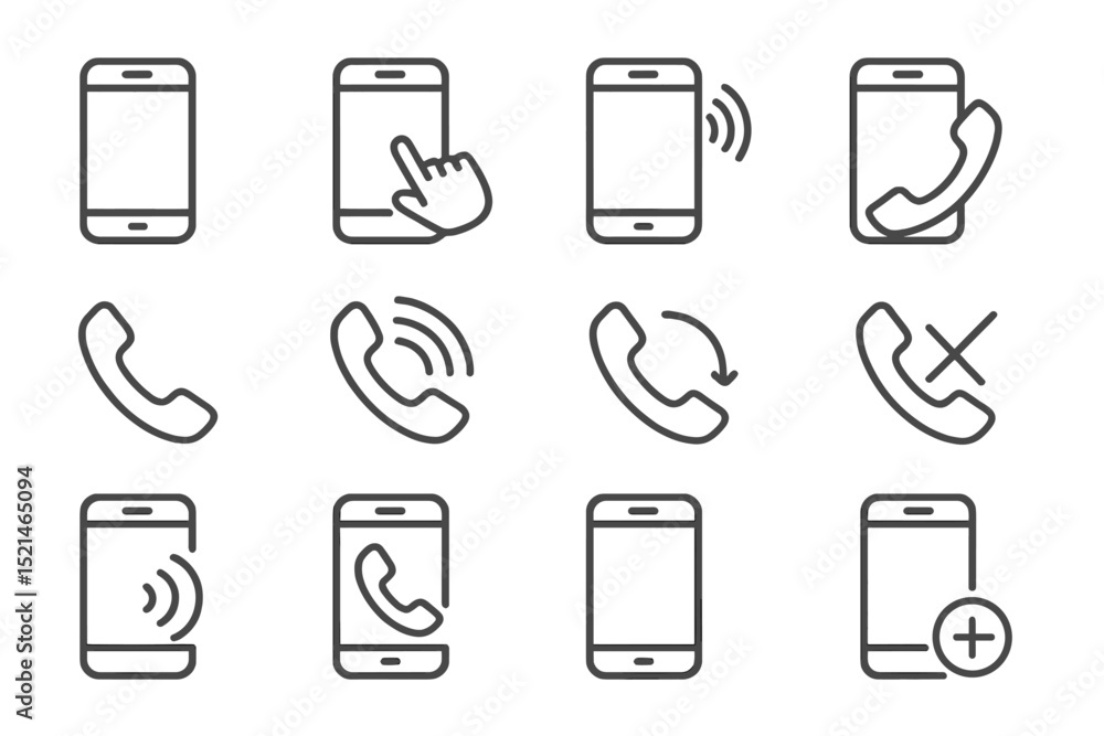 Fototapete Collection of mobile phone and telephone icons representing various communication functions and actions