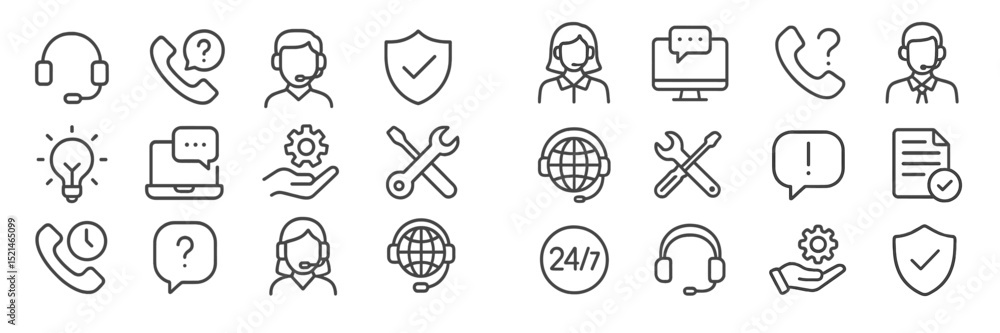 Poster collection of customer support icons showcasing various service elements and resources for effective