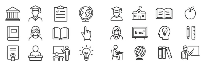 Icons representing various education-related themes including students, teachers, and learning tools in a simple black and white design