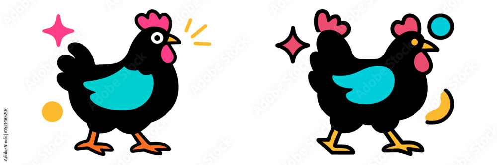 Poster charming animated chickens in playful poses with vibrant colors and whimsical features