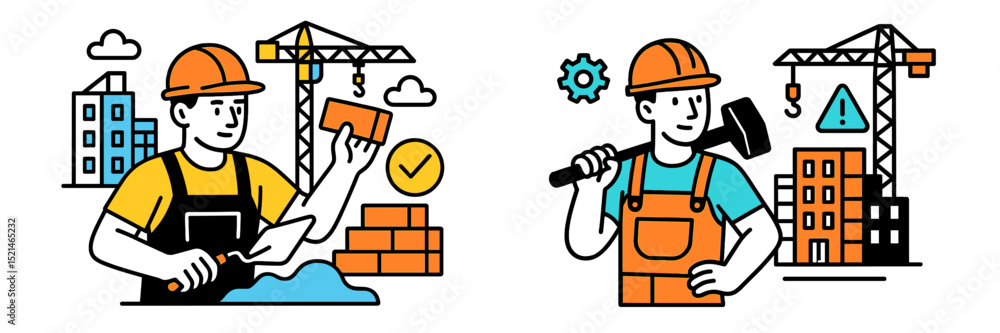 Aufkleber Construction workers engaged in building projects with cranes and tools in a busy urban setting during daytime