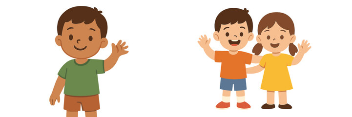 Three cheerful children greeting with smiles in a colorful illustration showcasing friendship and playfulness