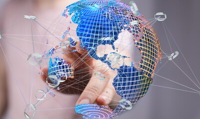 Hand interacting with a 3D model of the Earth, showcasing global connectivity and networking.