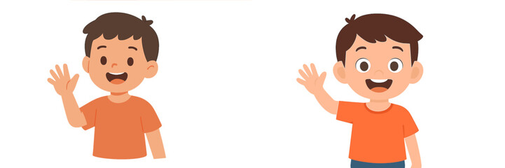 Happy children waving hello in bright orange shirts, expressing joy and friendliness in a cheerful setting