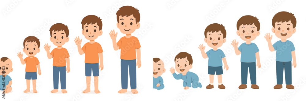 Poster children of different ages waving hello in a playful illustration showing growth and development