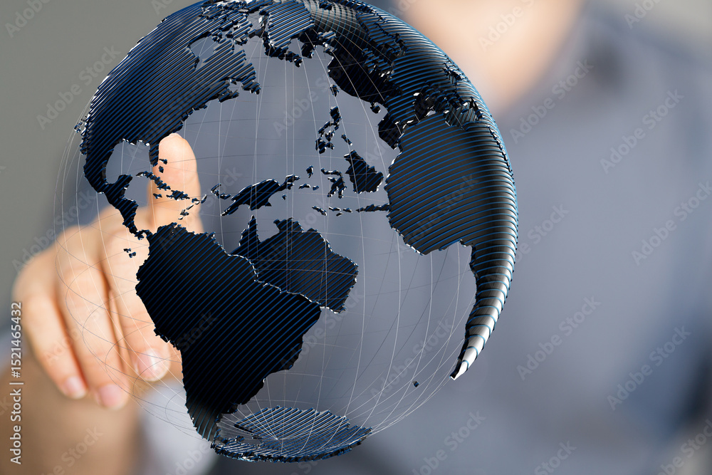 Fototapete abstract image of a hand interacting with a digital 3d model of planet earth, representing global co