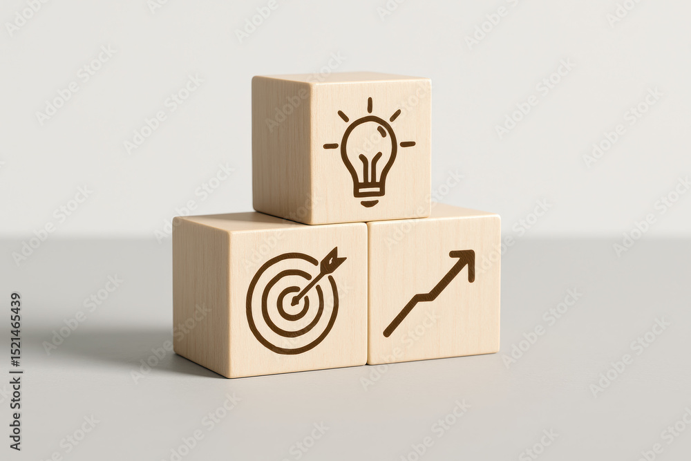 Aufkleber three wooden blocks arranged in a pyramid illustrate the concepts innovation goal setting and growth