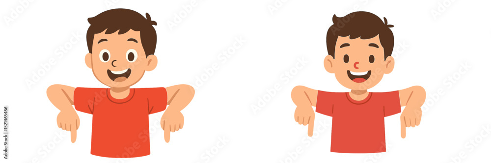 Fototapete Cheerful boy showing a fun gesture of pointing down with both hands in a bright, playful setting