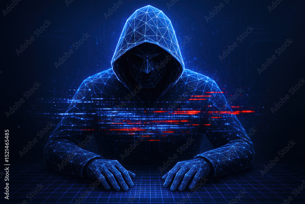 Poster this digital mesh figure symbolizes cyber risk and data security challenges through interlocking geo