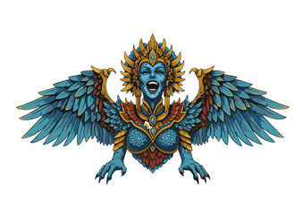 Obraz premium Majestic Winged Goddess Illustration Fantasy Art Print of a Powerful, Mythological Creature with Azure Wings and Golden Accents