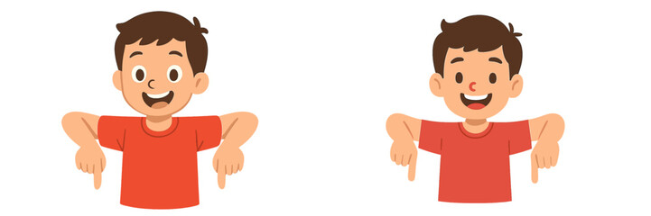 Obraz premium Cheerful boy showing a fun gesture of pointing down with both hands in a bright, playful setting