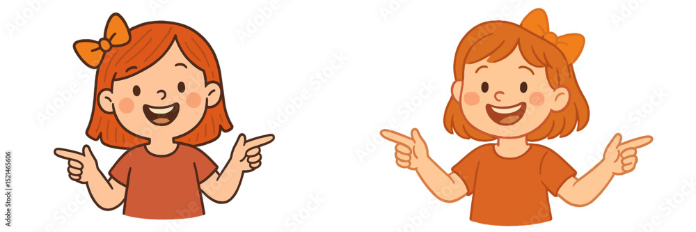 Aufkleber Smiling girl character with orange bows engaging in playful pointing actions in a cheerful style