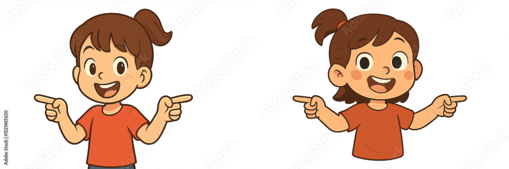 Poster children pointing and smiling in cheerful illustrations showcasing excitement and enthusiasm in play