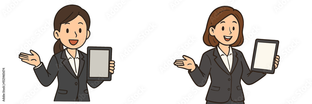 Poster business professionals demonstrate the use of a digital tablet in a corporate setting during a train