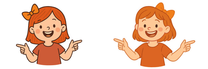 Smiling girl character with orange bows engaging in playful pointing actions in a cheerful style