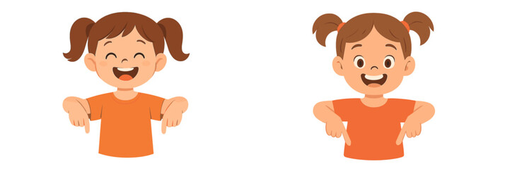 Obraz premium Happy child with pigtails pointing down in cheerful orange shirt during a playful moment