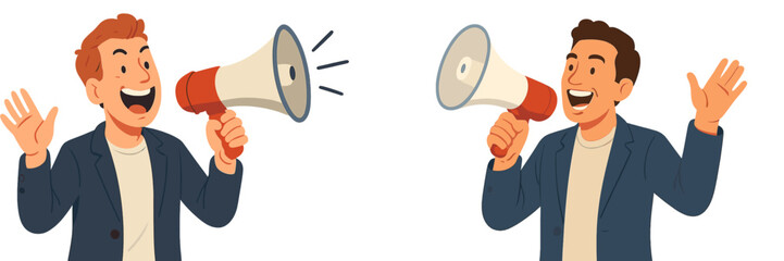 Two men enthusiastically using megaphones to communicate at an outdoor event during daytime