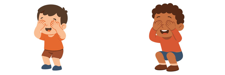 Obraz premium Two children joyfully playing peek-a-boo indoors during a sunny afternoon, showcasing their laughter and excitement