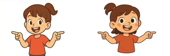 Children pointing and smiling in cheerful illustrations showcasing excitement and enthusiasm in playful settings
