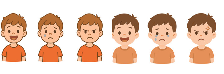 Fototapeta premium Different facial expressions of a boy showing a range of emotions such as happiness, sadness, anger, and confusion
