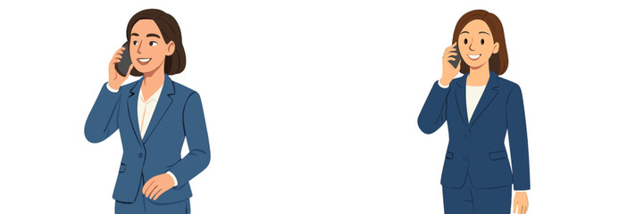 Businesswoman engaged in a phone conversation while wearing a professional suit in a modern office setting