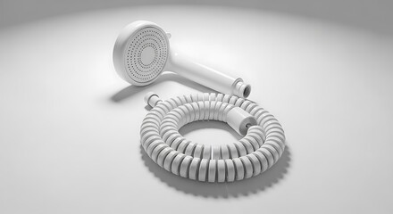 Naklejka premium Close Up Image of a White Shower Head with Coiled Hose on a Plain Background.