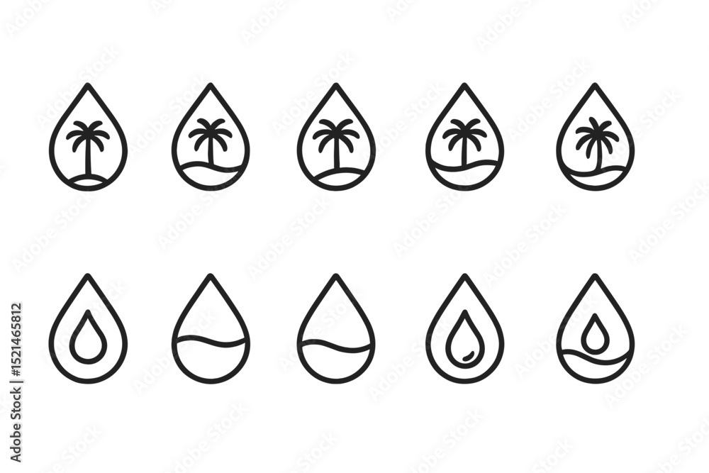 Fototapete Unique collection of minimalistic water drop designs featuring palm trees and abstract patterns in black and white