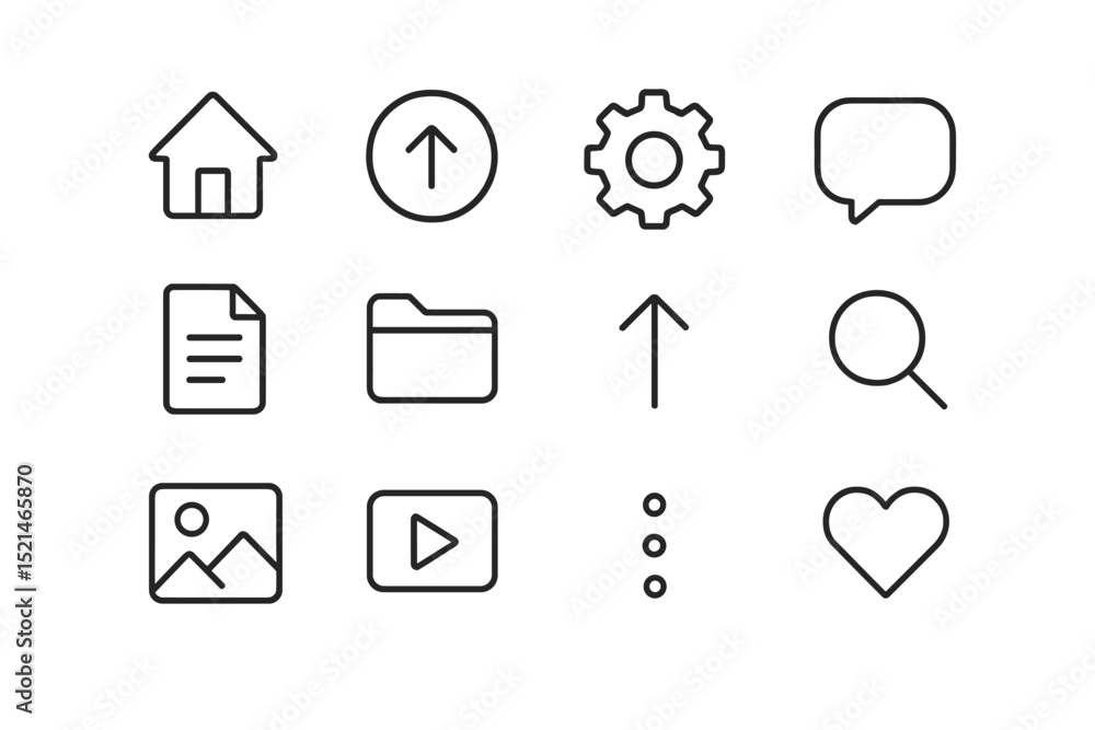 Poster icon set featuring various user interface symbols for digital applications and web design in a minim