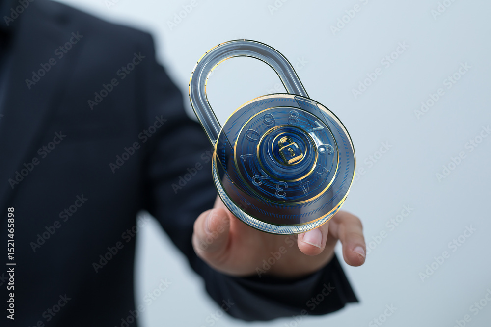 Poster Secure your data.  Image of a businessman holding a digital lock symbolizing online security and data protection.