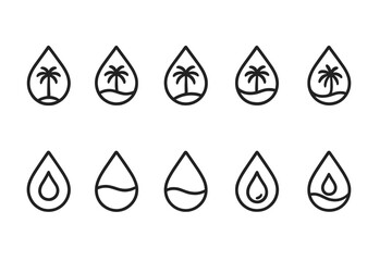 Unique collection of minimalistic water drop designs featuring palm trees and abstract patterns in black and white
