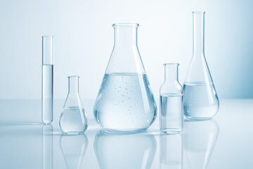 Innovation and precision come together as transparent glass vessels hold clear liquid symbolizing clarity and careful experimentation in a modern lab environment