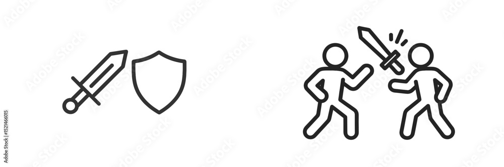 Poster stylized icons of sword, shield, and two figures engaged in combat representing battle and defense a
