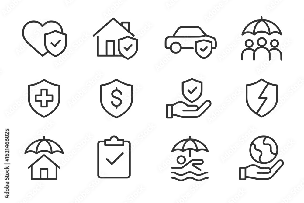 Poster insurance icons representing various coverage types for health, home, auto, and liability in a minim