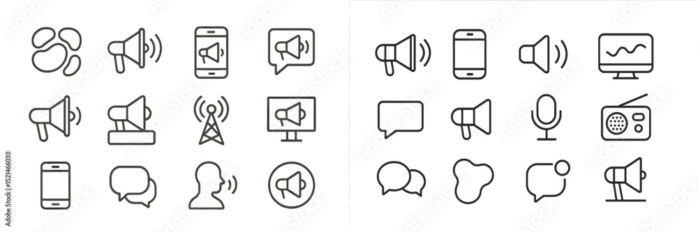 Aufkleber Collection of simple line icons representing various communication and sound devices in modern technology settings