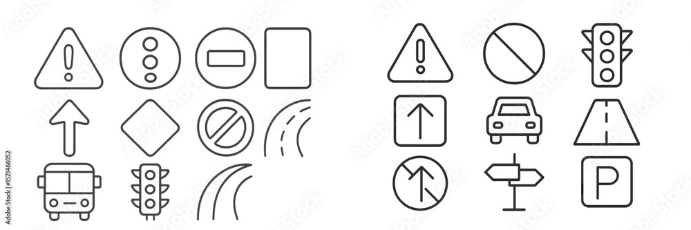 Poster traffic signs and symbols displayed in a grid layout, showcasing various road regulations and instru