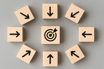 Convergence and focus drive success as multiple directions unify toward a central target symbolizing strategic business goals on a simple gray background