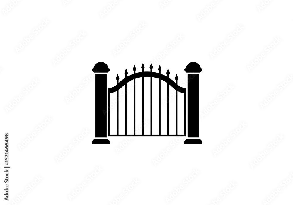 Poster a symmetrical black gate with pointed tops and rounded pillars on a plain white background graphic a