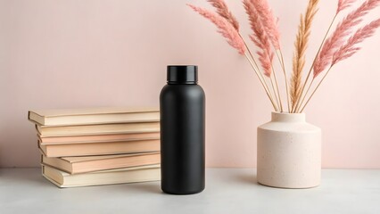 A matte black bottle with a black lid sits on a light beige surface against a pale pink background