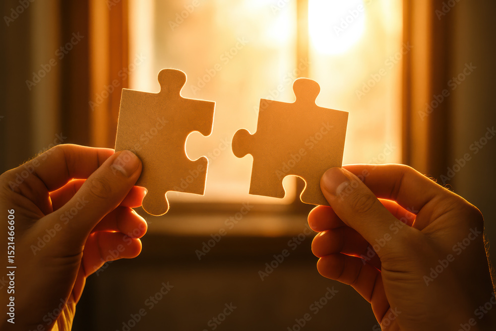 Poster combining individual elements into a cohesive solution under warm sunlight symbolizes collaboration 