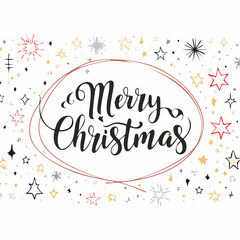 Vector greeting card with stars and sparkles in line style - merry christmas hand-lettering with line shapes and forms, horizontal banner and background, happy holidays, happy new year