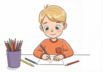 Blonde boy drawing with colored pencils at desk