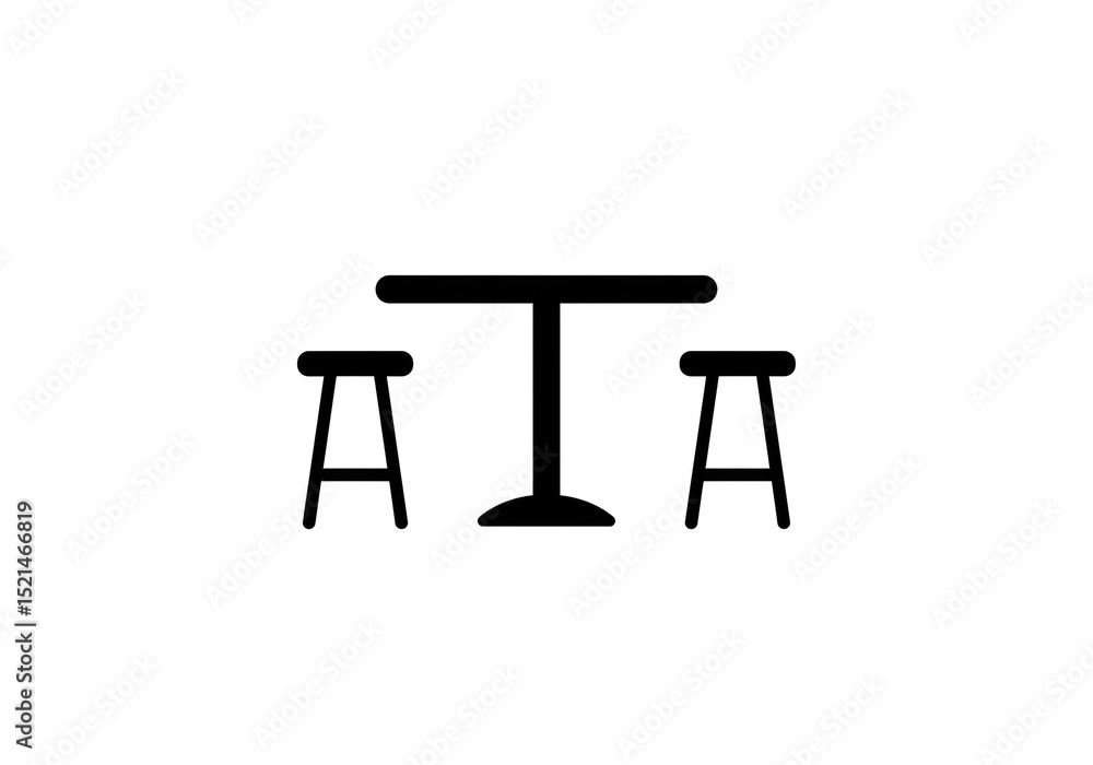 Poster a simple black and white illustration of a table with two stools in a minimalist style design graphi
