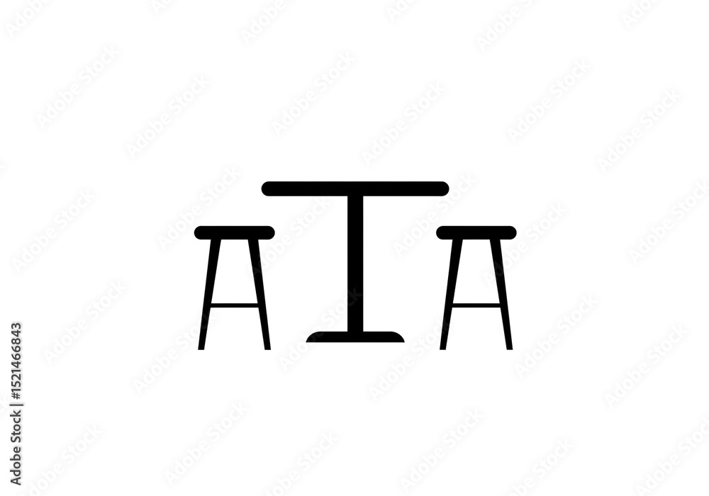 Poster a simple black and white illustration of a table with two stools on a plain white background view