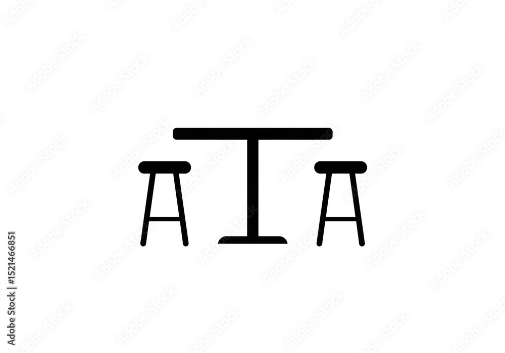 Poster a simple black and white illustration of a table with two stools on a plain white background setting