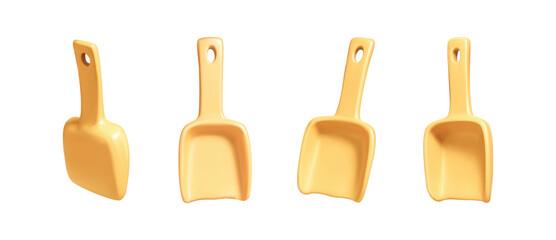 Yellow Plastic shovel 3d render illustration. shovel 3d icon set