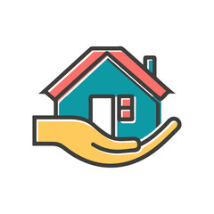 home care and support logo, vector illustration of a house and a helping hand.