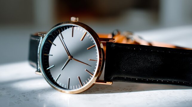 Slim black wristwatch with leather strap on white surface, soft overhead lighting