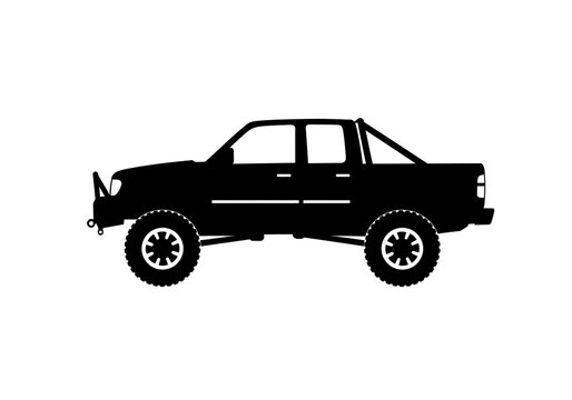 Silhouette of a lifted four door pickup truck with off road tires and a roll bar on a white background