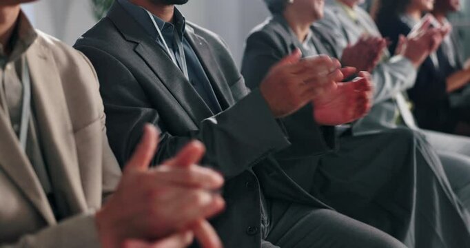 Achievement, group and applause for presentation, hands or audience in training workshop or seminar. Clapping, people and celebration for conference, together and success for good news in meeting